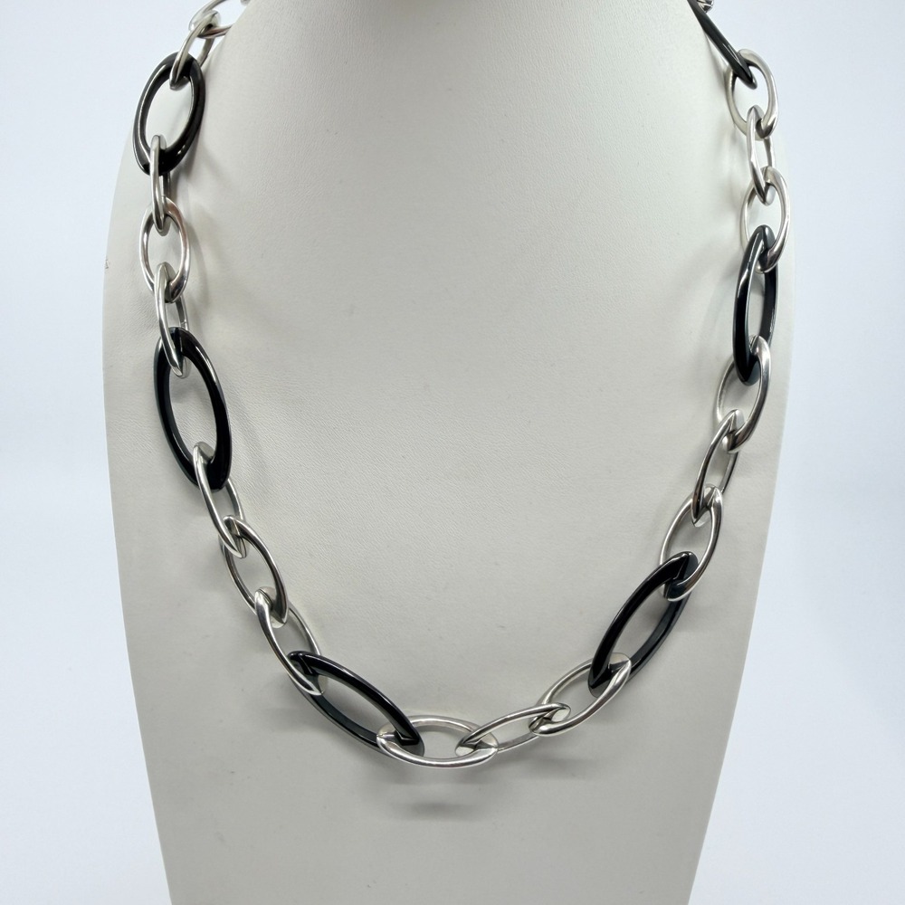 Vintage Chinoiserie Black Resin Stainless Steel Link Necklace Lobster Classic